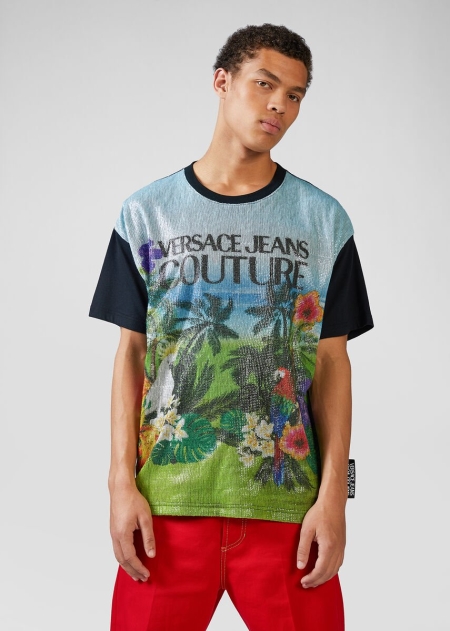 Versace Sequined Tropical Island Print Motif T-shirt Herr - 047295XCO